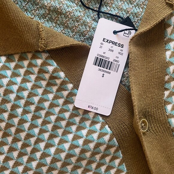EXPRESS Men's NEW Geo Print Short Sleeve knit Retro Sweater Button Up SIZE SMALL - Picture 3 of 6